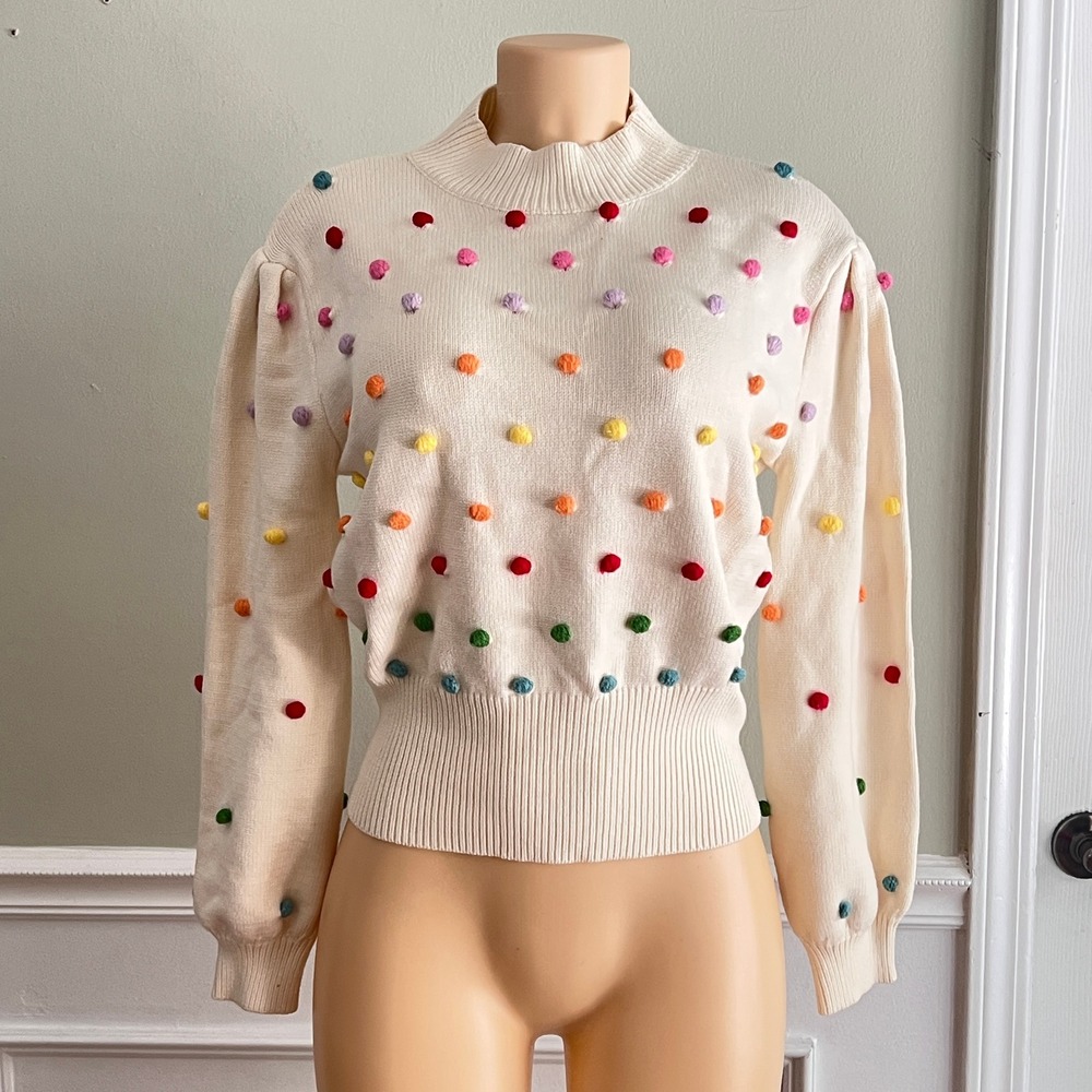 Pom Pom Polka Dot Sweater Women M Puff Sleeve Mock Neck Cream Rainbow Kidcore